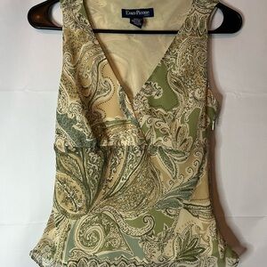 Evan Picone Green and Cream Paisley V-Neck Blouse